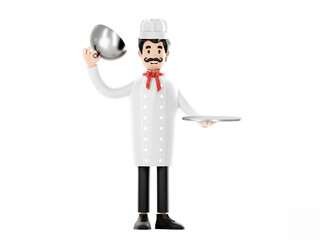 Cartoon character, chef with dish and ladle. Cheerful chef smiles. 3d rendering