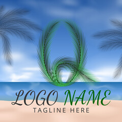 Fototapeta na wymiar Letter Q Logo Simbols Green tropical coconut leaf with creative summer concept and Beach Background 
