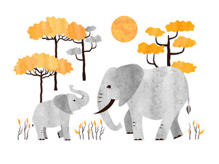 Cartoon elephants family - Mom and baby. Vector African animals watercolor illustration.