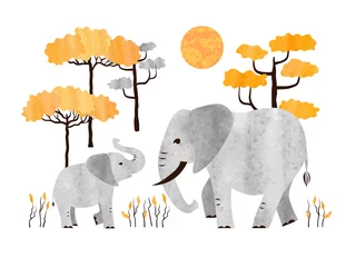 Papier Peint photo Lavable Chambre de bébé Famille d& 39 éléphants de dessin animé - Maman et bébé. Illustration aquarelle d& 39 animaux d& 39 Afrique de vecteur.
