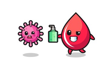 Fototapeta premium illustration of blood drop character chasing evil virus with hand sanitizer