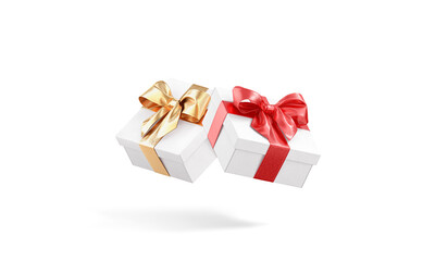 Blank white gift box with gold and red ribbon mockup