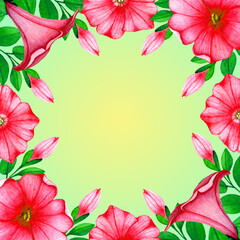 Summer square floral frame with watercolor red petunia flowers and buds.Natural decorative template,on yellow-green gradient  background.For holiday postcards,greetings,thank you cards,sale posters.