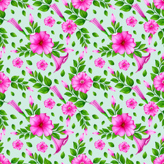 Summer seamless floral pattern with hand drawn watercolor pink petunias flowers,buds and green leaves.On blue  background.