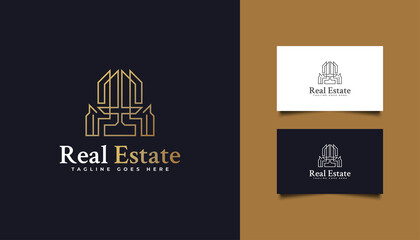 Abstract Gold Real Estate Logo in Line Style. Construction, Architecture or Building Logo Design Template