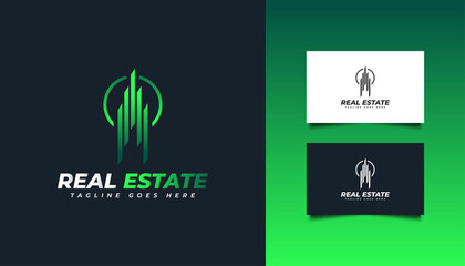 Modern and Futuristic Real Estate Logo in Green Gradient. Skyscraper Logo. Construction, Architecture or Building Logo Design Template
