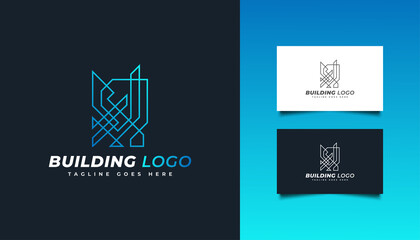 Blue Real Estate Logo with Abstract and Futuristic Concept in Line Style. Construction, Architecture or Building Logo Design Template