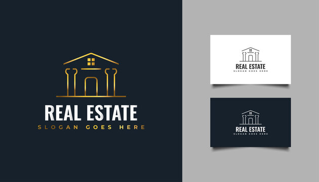 Luxury Gold Real Estate Logo In Line Style. Gold Mansion Logo. Construction, Architecture Or Building Logo Design Template