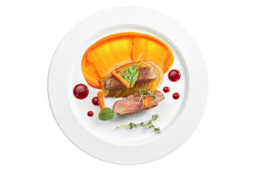 Appetizing confit duck breast with pear and yellow apple puree, berry sauce in a white plate....
