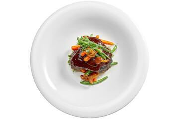 Beef cheek steak, caramelized in wine sauce with chanterelles and asparagus in a white plate. Isolated on white background. View from above