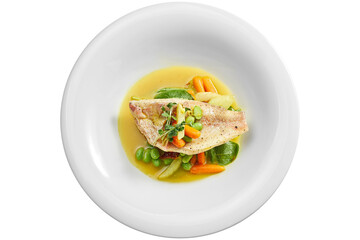 Fried Sea bass fillet with stewed vegetables and orange sauce in a white plate. Isolated on white background. View from above