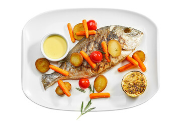 Grilled dorado with potatoes, carrots, and cherry tomatoes in a white plate. Isolated on white background. View from above