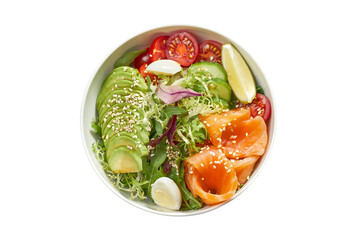 Delicious veggie bowl with salmon, avocado, cucumber, cherry tomatoes and mix salad in a white plate. Isolated on white background. View from above