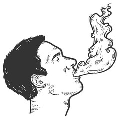 Man exhales smoke. Sketch scratch board imitation color.