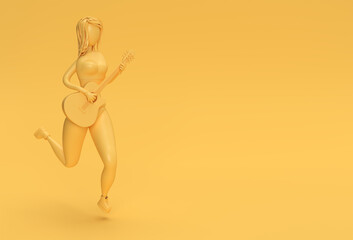 3D Render Acoustic Guitar with Woman Cartoon Characters 3d illustration Design.