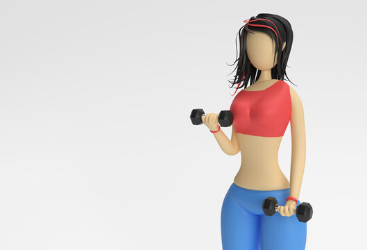 3D Render Woman Cartoon Characters Doing Exercise with Dumbbells Sport, Yoga and Titness Concept 3d illustration Design.