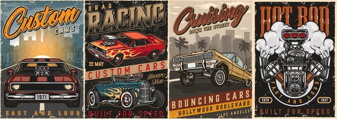 Fototapeta American custom cars vintage colorful posters obraz