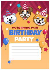 Obraz na płótnie Canvas birthday invitation design with cute animal heads