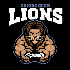 mascot gaming logo of lion holding the joystick