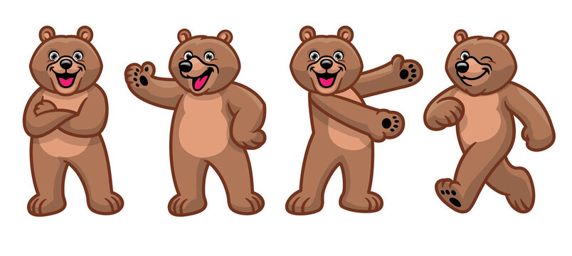 set of brown grizzly bear cartoon character