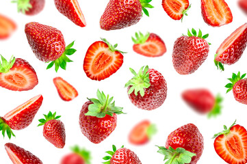 Ripe fresh flying red strawberry isolated on white background. Strawberry pattern. Summer delicious sweet berry organic fruit, food, diet, vitamins, creative layout. Whole and halved strawberries