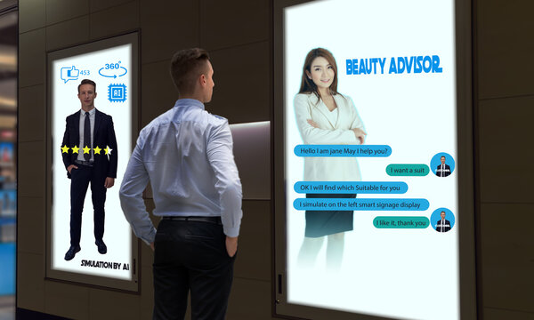 smart retail concept customer use voice command technology combined chatbot on smart digital signage to find the satisfaction suitable suit by use artificial intelligence with augmented mixed virtual