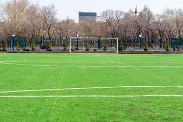football field with gates in the park in spring