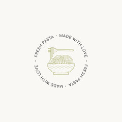 Hand drawn food pre-made logo design template. Graphic icon symbol for cafe, restaurant, cooking business. Modern minimal line art label, emblem, badge. Branding design template.