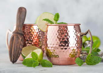 Moscow mule cocktail in a copper mug with lime and mint and wooden squeezer on light background