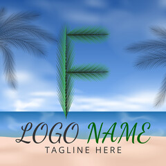 Fototapeta na wymiar Letter F Logo Simbols Green tropical coconut leaf with creative summer concept and Beach Background 