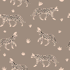 Leopard or cheetah exotic animal.  Cute cartoon character. Vector seamless pattern with wild cat  . Perfect for print, cards, fabric, textile.