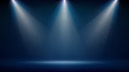 Fototapeten Spotlight backdrop. Illuminated blue stage. Background for displaying products. Bright beams of spotlights, shimmering glittering particles, a spot of light. Vector illustration © valerybrozhinsky