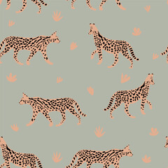 Leopard or cheetah exotic animal.  Cute cartoon character. Vector seamless pattern with wild cat  . Perfect for print, cards, fabric, textile.