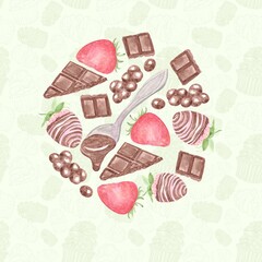 Decorative circle of watercolor illustrations, chocolate strawberries and spoons with chocolate on a patterned green background