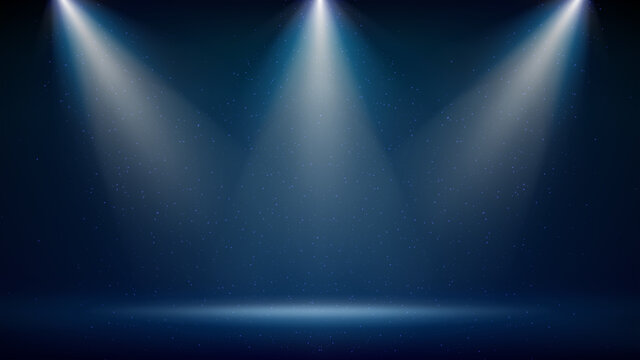 Spotlight backdrop. Illuminated blue stage. Background for displaying products. Bright beams of spotlights, shimmering glittering particles, a spot of light. Vector illustration