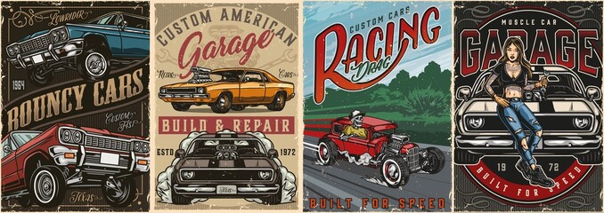Colorful custom cars vintage posters