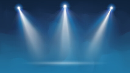 Spotlight backdrop. Illuminated blue stage. Background for displaying products. Bright beams of spotlights, shimmering glittering particles, a spot of light. Vector illustration