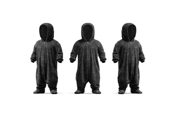 Blank black kid plush jumpsuit hood mockup, front side view