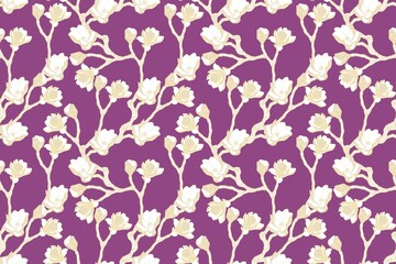 Fototapeta na wymiar Pattern of gold flowers and magnolia branches on a purple background for fabric, paper