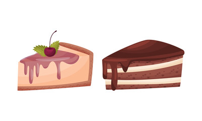 Cake Pieces with Creamy Layer as Yummy Dessert Vector Set