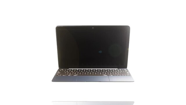 Laptop opening with a blank screen. 3D Render of an unbranded laptop floating and opening over a reflective surface in front of a white background