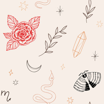 Modern hand drawn vector seamless pattern of moon, snake, flowers and floral leaves, magic elements. Abstract line drawing, moth, crystal, tattoo background. Trendy space signs of floral motifs