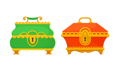 Naklejka premium Gold Casket or Jewelry Box as Decorated Small Container Vector Set
