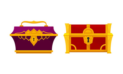 Gold Casket or Jewelry Box as Decorated Small Container Vector Set