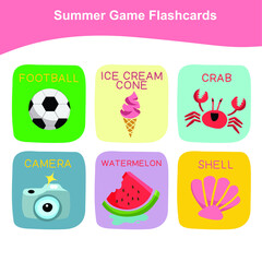 Summer Game Flashcards for Preschool Children. Cute flashcards for kids’ education. Educational printable game cards. 