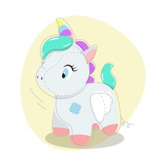 Cute soft toy for kids, colorful vector illustration. Funny unicorn.