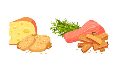 Flavored Crouton as Pieces of Seasoned Rebaked Bread Vector Set