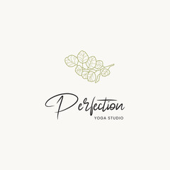 Hand drawn line art botanical vector logo design template. Illustration of elegant signs and badges for beauty, natural and organic products, cosmetics, spa and wellness, fashion, wedding agency.