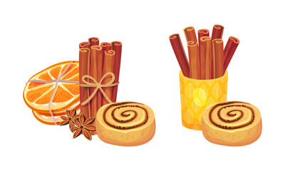 Dried Cinnamon Bark Strips or Sticks with Bun and Orange Slices Vector Set