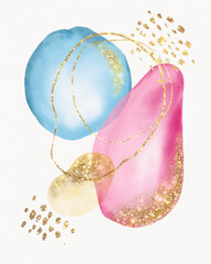 Watercolor abstract in delicate pastel colors with the addition of gold and lines. Textured paint strokes. Watercolour painting.